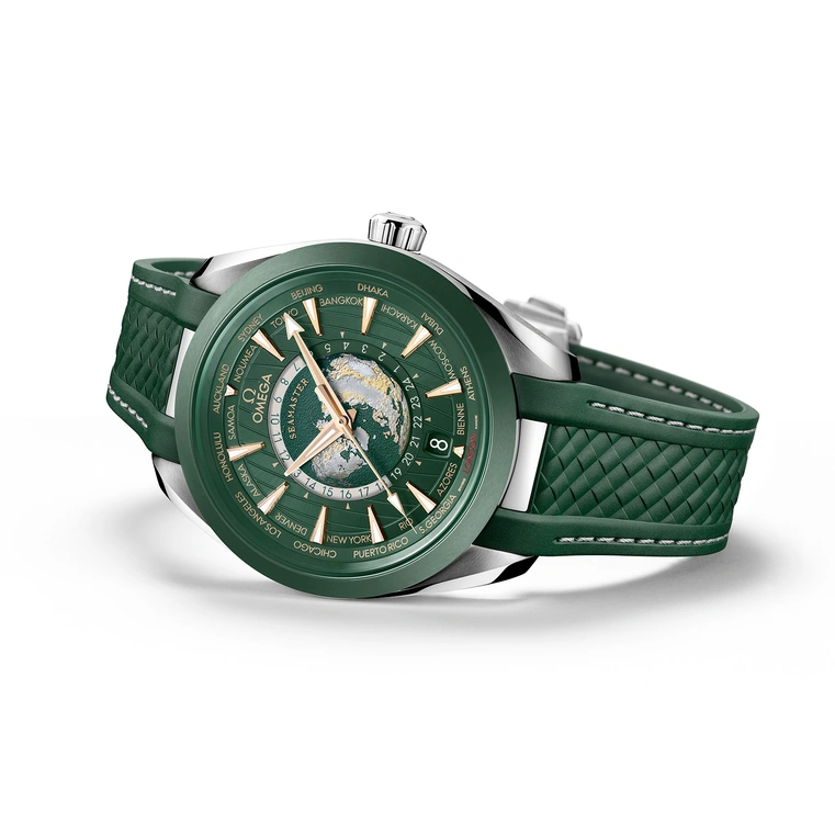 Omega Watch For Men - Seamaster Aqua Terra 150M Worldtimer, Steel on Rubber Strap, Green Dial - Ref. 220.32.43.22.10.001