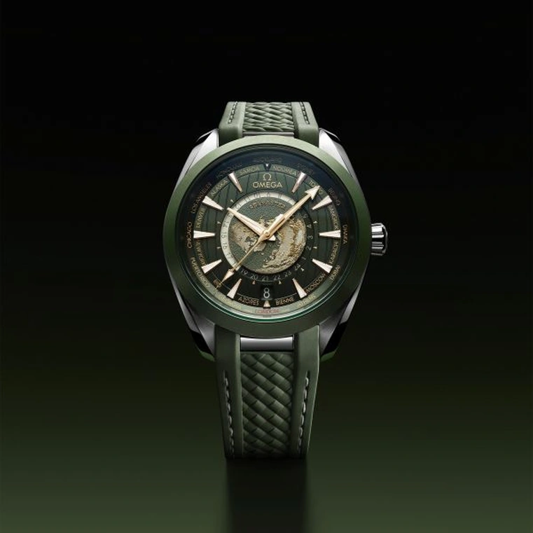 Omega Watch For Men - Seamaster Aqua Terra 150M Worldtimer, Steel on Rubber Strap, Green Dial - Ref. 220.32.43.22.10.001