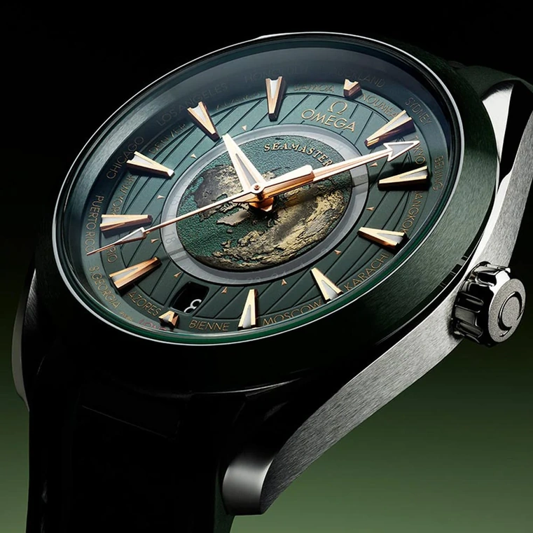 Omega Watch For Men - Seamaster Aqua Terra 150M Worldtimer, Steel on Rubber Strap, Green Dial - Ref. 220.32.43.22.10.001
