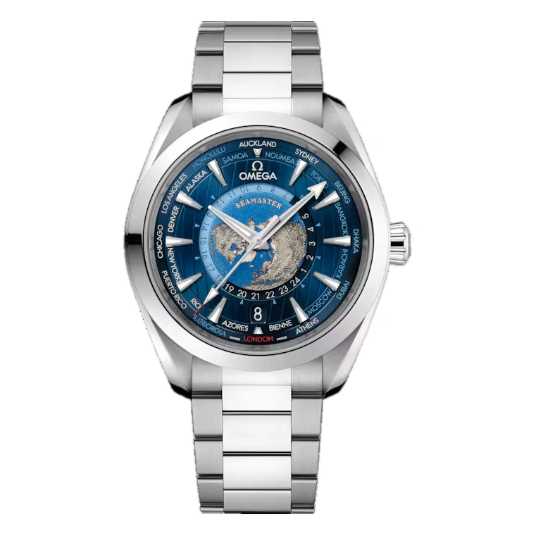 Omega Watch For Men - Seamaster Aqua Terra 150M Worldtimer, Steel on Steel, Blue Dial - Ref. 220.10.43.22.03.001