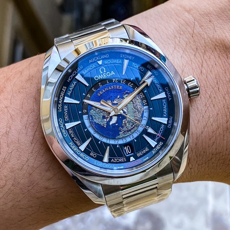 Omega Watch For Men - Seamaster Aqua Terra 150M Worldtimer, Steel on Steel, Blue Dial - Ref. 220.10.43.22.03.001