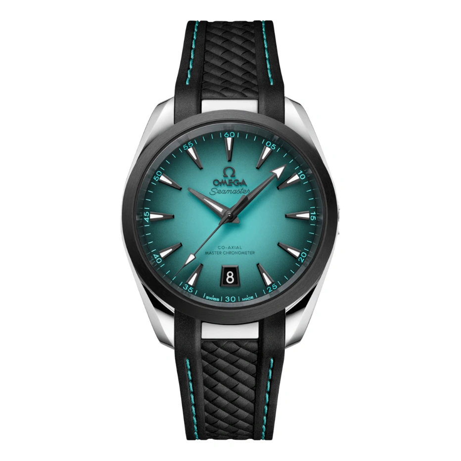 Omega Watch For Men - Seamaster Aqua Terra 150M, Steel on black Rubber Strap, Turquoise Gradient Dial