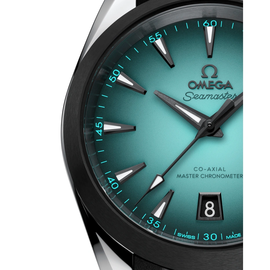 Omega Watch For Men - Seamaster Aqua Terra 150M, Steel on black Rubber Strap, Turquoise Gradient Dial