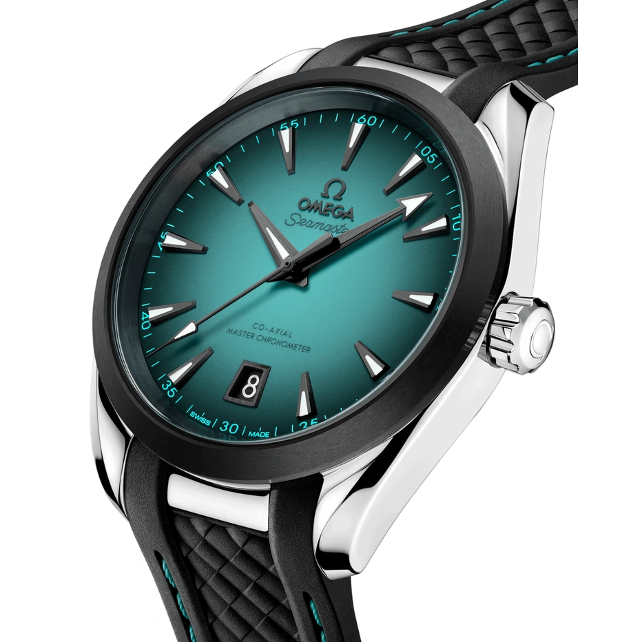 Omega Watch For Men - Seamaster Aqua Terra 150M, Steel on black Rubber Strap, Turquoise Gradient Dial