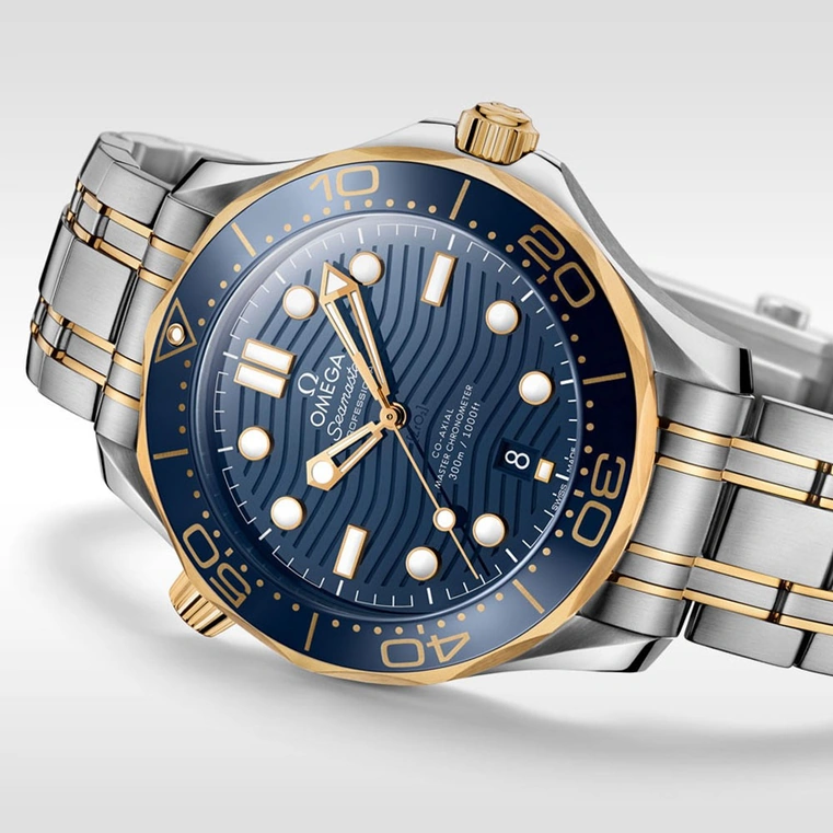 Omega Watch For Men - Seamaster Diver 300M Co-Axial Master Chronometer 42 mm, Steel-Yellow Gold, Blue Dial - Ref. 210.20.42.20.03.001