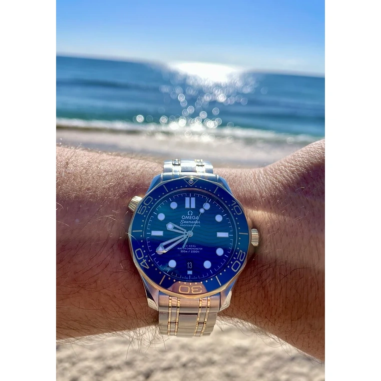Omega Watch For Men - Seamaster Diver 300M Co-Axial Master Chronometer 42 mm, Steel-Yellow Gold, Blue Dial - Ref. 210.20.42.20.03.001