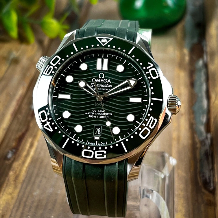 Omega Watch For Men - Seamaster Diver 300M, Steel on Green Rubber Strap - Ref. 210.32.42.20.10.001
