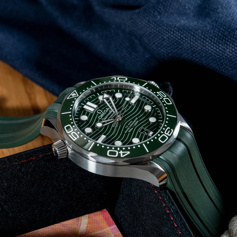 Omega Watch For Men - Seamaster Diver 300M, Steel on Green Rubber Strap - Ref. 210.32.42.20.10.001
