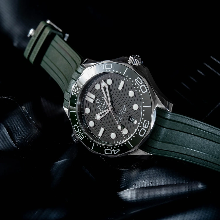 Omega Watch For Men - Seamaster Diver 300M, Steel on Green Rubber Strap - Ref. 210.32.42.20.10.001
