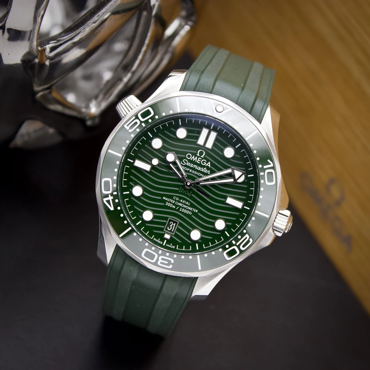 Omega Watch For Men - Seamaster Diver 300M, Steel on Green Rubber Strap - Ref. 210.32.42.20.10.001