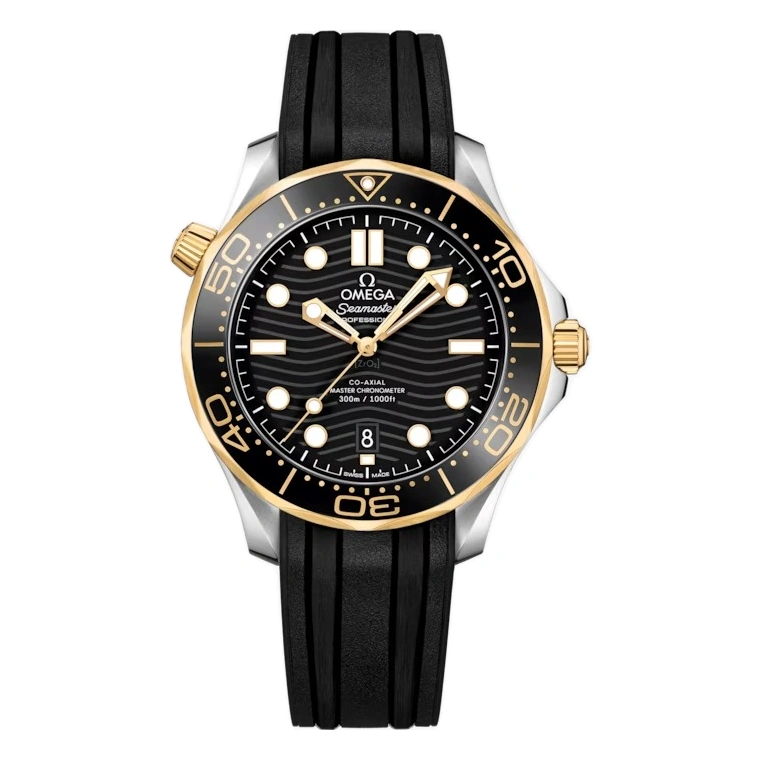 Omega Watch For Men - Seamaster Diver 300M, Steel-Sedna Gold on Rubber Strap, Black Dial - Ref. 210.22.42.20.01.002