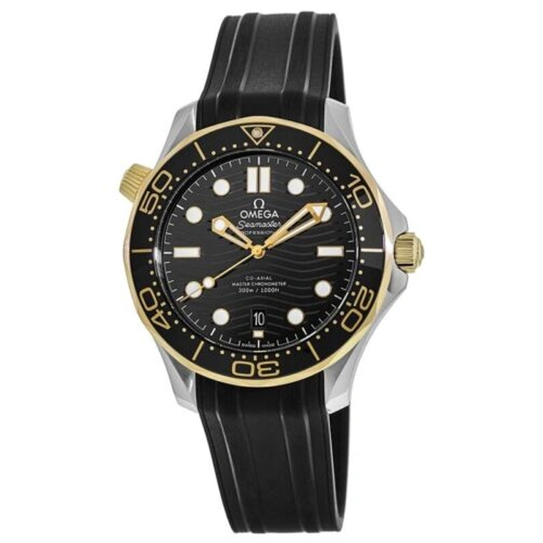 Omega Watch For Men - Seamaster Diver 300M, Steel-Sedna Gold on Rubber Strap, Black Dial - Ref. 210.22.42.20.01.002
