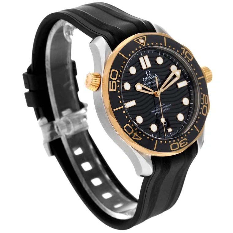 Omega Watch For Men - Seamaster Diver 300M, Steel-Sedna Gold on Rubber Strap, Black Dial - Ref. 210.22.42.20.01.002