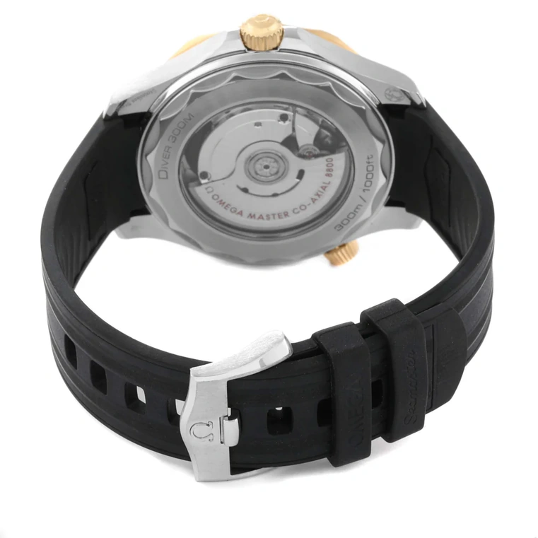 Omega Watch For Men - Seamaster Diver 300M, Steel-Sedna Gold on Rubber Strap, Black Dial - Ref. 210.22.42.20.01.002
