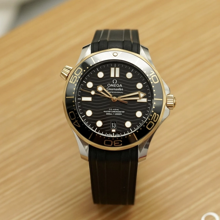Omega Watch For Men - Seamaster Diver 300M, Steel-Sedna Gold on Rubber Strap, Black Dial - Ref. 210.22.42.20.01.002