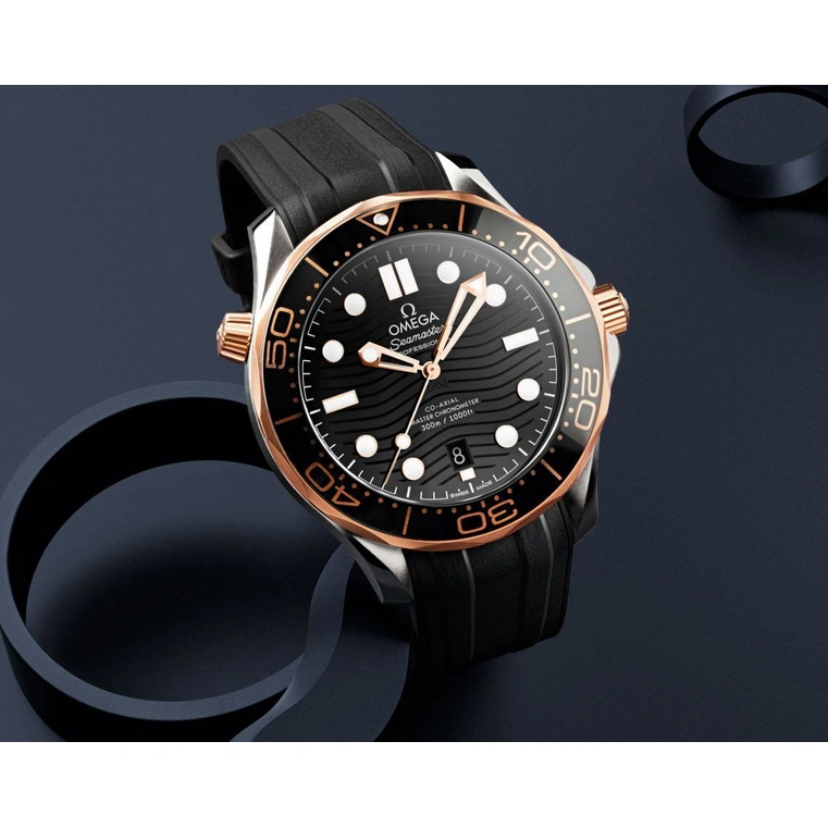 Omega Watch For Men - Seamaster Diver 300M, Steel-Sedna Gold on Rubber Strap, Black Dial - Ref. 210.22.42.20.01.002