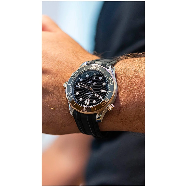 Omega Watch For Men - Seamaster Diver 300M, Steel-Sedna Gold on Rubber Strap, Black Dial - Ref. 210.22.42.20.01.002
