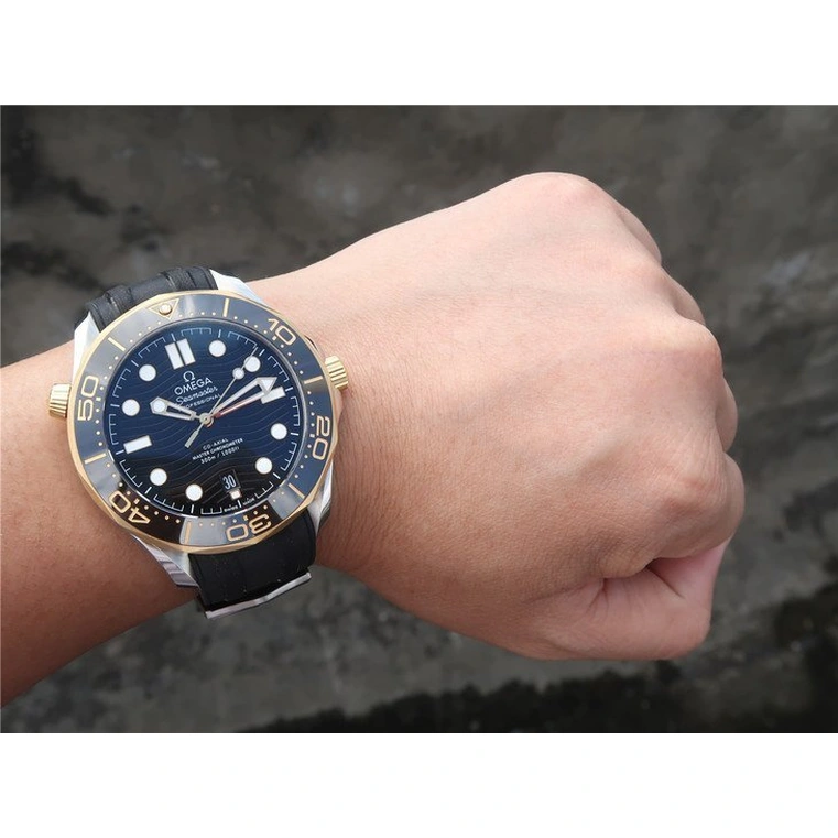 Omega Watch For Men - Seamaster Diver 300M, Steel-Sedna Gold on Rubber Strap, Black Dial - Ref. 210.22.42.20.01.002