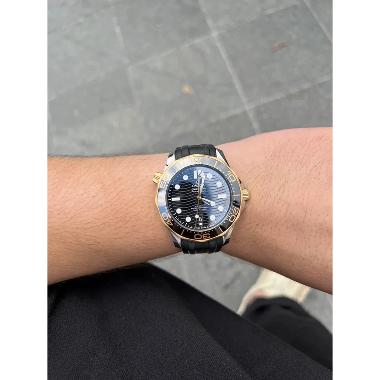 Omega Watch For Men - Seamaster Diver 300M, Steel-Sedna Gold on Rubber Strap, Black Dial - Ref. 210.22.42.20.01.002