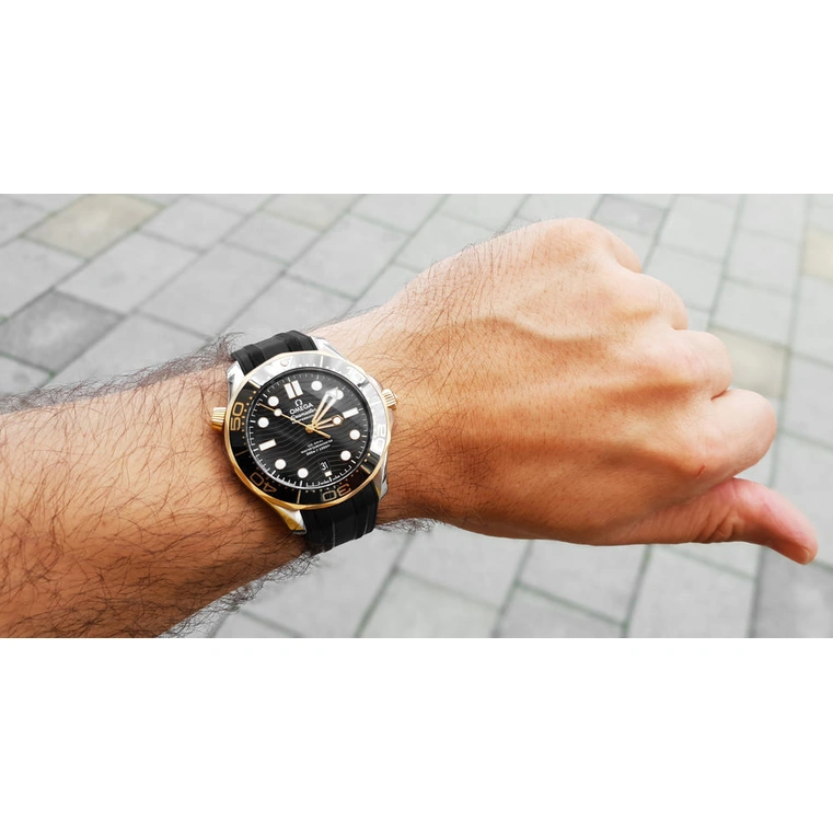 Omega Watch For Men - Seamaster Diver 300M, Steel-Sedna Gold on Rubber Strap, Black Dial - Ref. 210.22.42.20.01.002