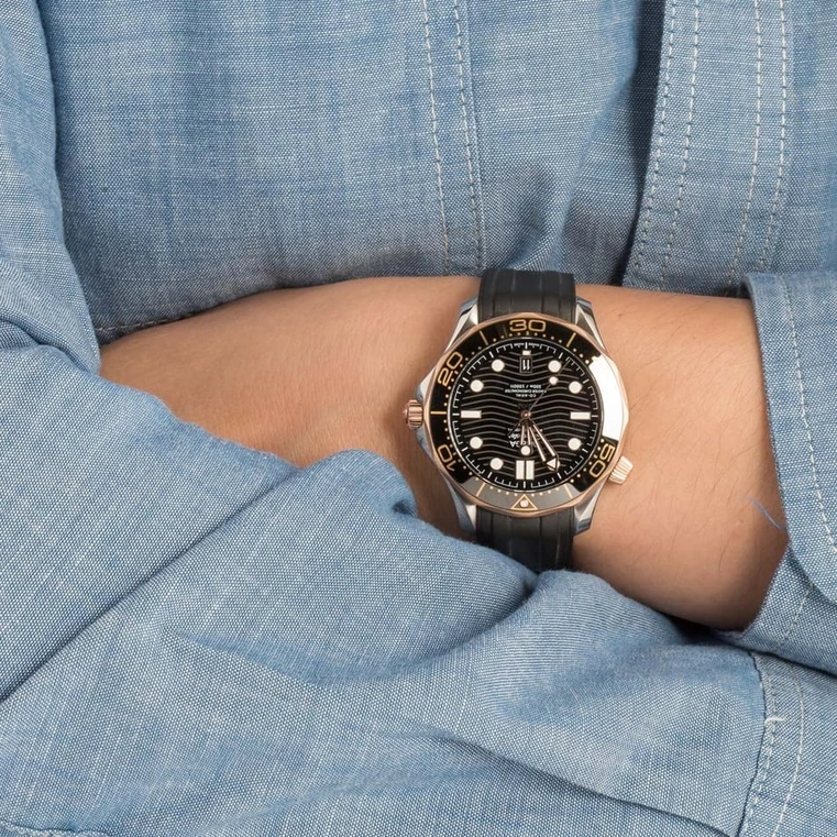 Omega Watch For Men - Seamaster Diver 300M, Steel-Sedna Gold on Rubber Strap, Black Dial - Ref. 210.22.42.20.01.002