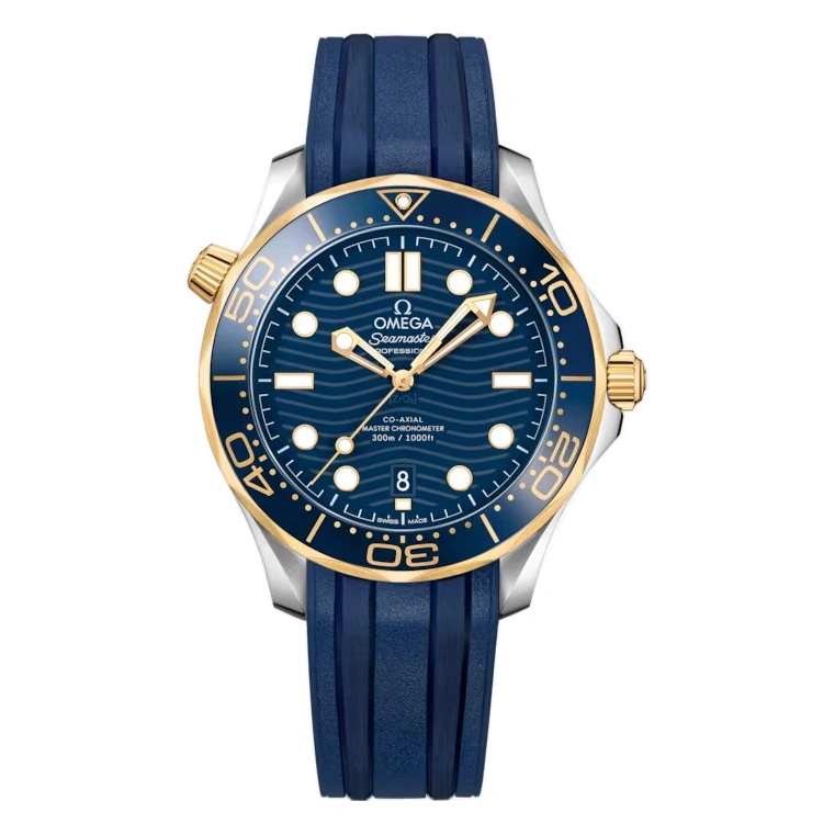 Omega Watch For Men - Seamaster Diver 300M, Steel-Yellow Gold on Blue Rubber Strap - Ref. 210.22.42.20.03.001