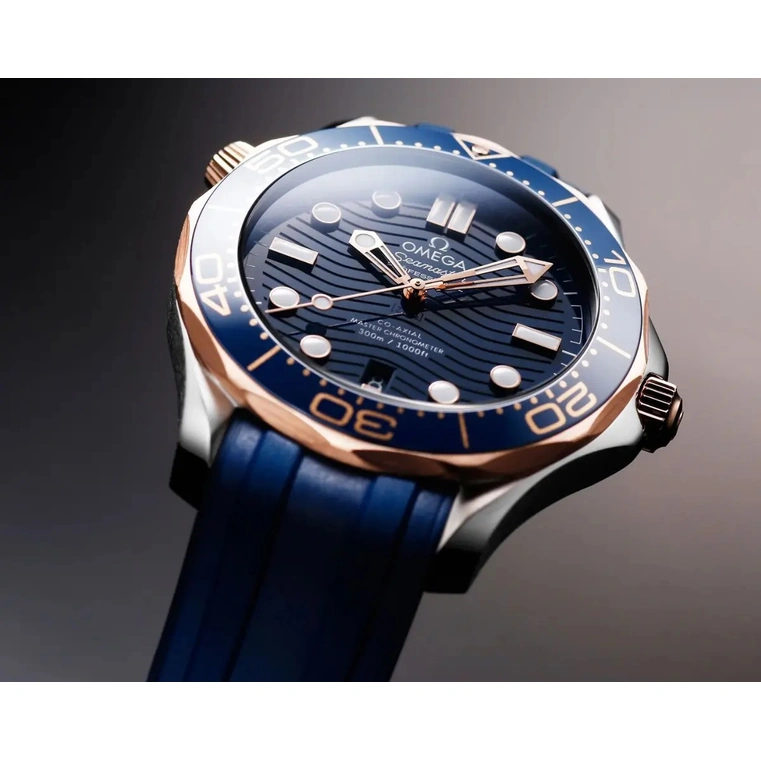 Omega Watch For Men - Seamaster Diver 300M, Steel-Yellow Gold on Blue Rubber Strap - Ref. 210.22.42.20.03.001