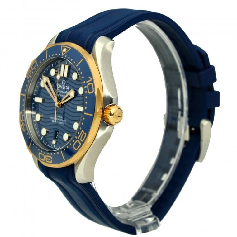 Omega Watch For Men - Seamaster Diver 300M, Steel-Yellow Gold on Blue Rubber Strap - Ref. 210.22.42.20.03.001