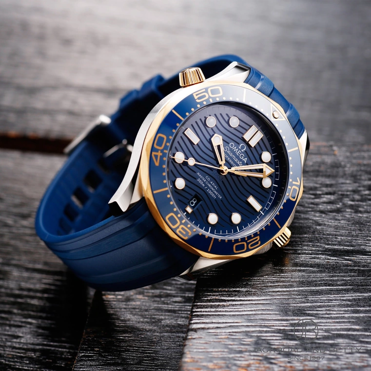 Omega Watch For Men - Seamaster Diver 300M, Steel-Yellow Gold on Blue Rubber Strap - Ref. 210.22.42.20.03.001