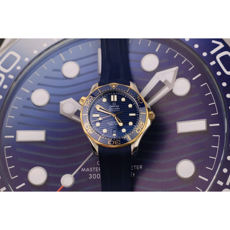 Omega Watch For Men - Seamaster Diver 300M, Steel-Yellow Gold on Blue Rubber Strap - Ref. 210.22.42.20.03.001