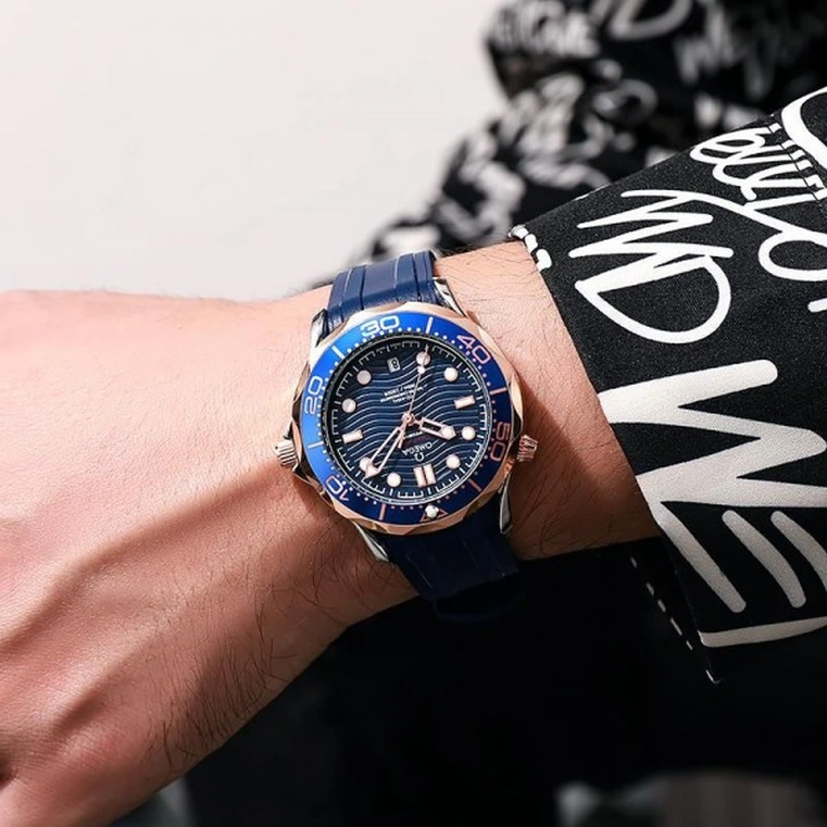 Omega Watch For Men - Seamaster Diver 300M, Steel-Yellow Gold on Blue Rubber Strap - Ref. 210.22.42.20.03.001