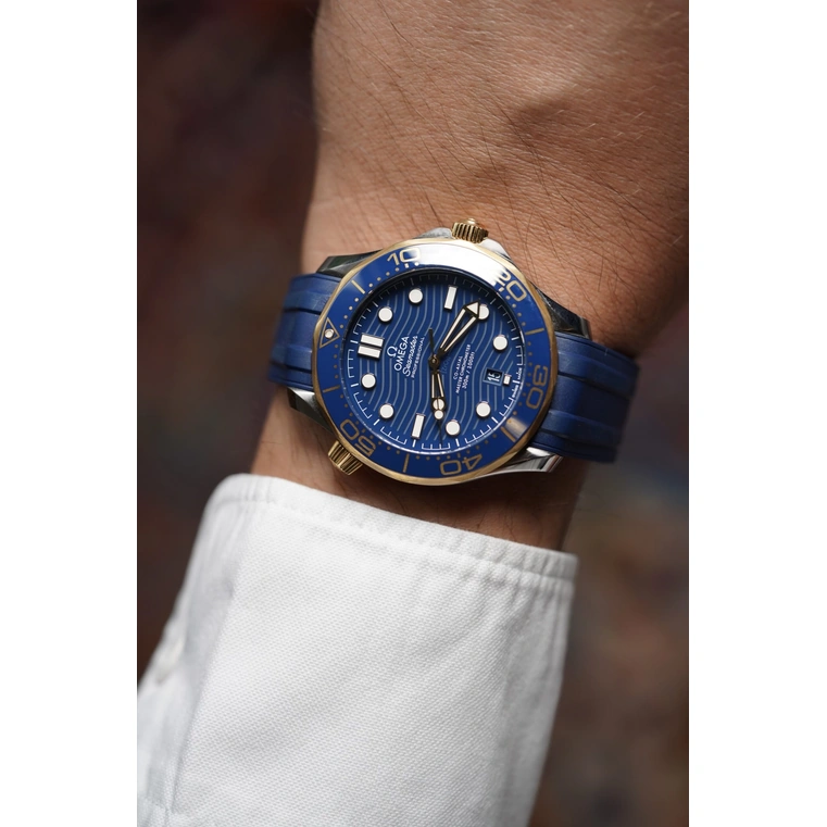 Omega Watch For Men - Seamaster Diver 300M, Steel-Yellow Gold on Blue Rubber Strap - Ref. 210.22.42.20.03.001