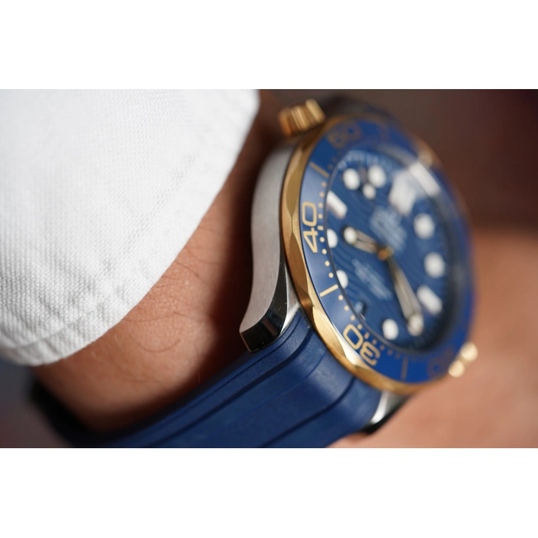 Omega Watch For Men - Seamaster Diver 300M, Steel-Yellow Gold on Blue Rubber Strap - Ref. 210.22.42.20.03.001