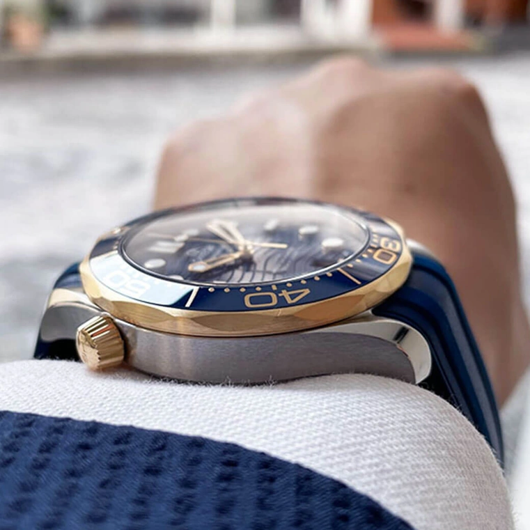 Omega Watch For Men - Seamaster Diver 300M, Steel-Yellow Gold on Blue Rubber Strap - Ref. 210.22.42.20.03.001