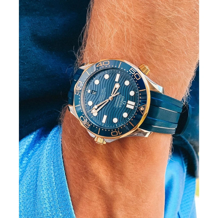 Omega Watch For Men - Seamaster Diver 300M, Steel-Yellow Gold on Blue Rubber Strap - Ref. 210.22.42.20.03.001