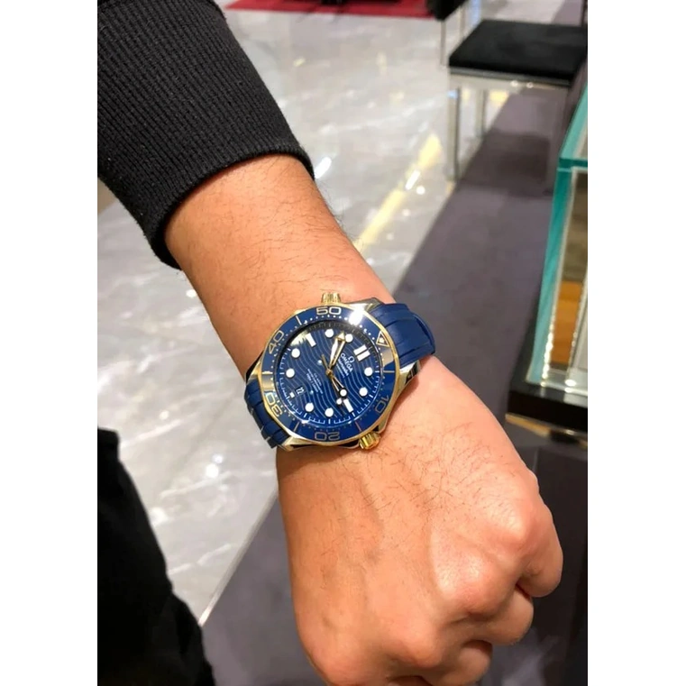 Omega Watch For Men - Seamaster Diver 300M, Steel-Yellow Gold on Blue Rubber Strap - Ref. 210.22.42.20.03.001