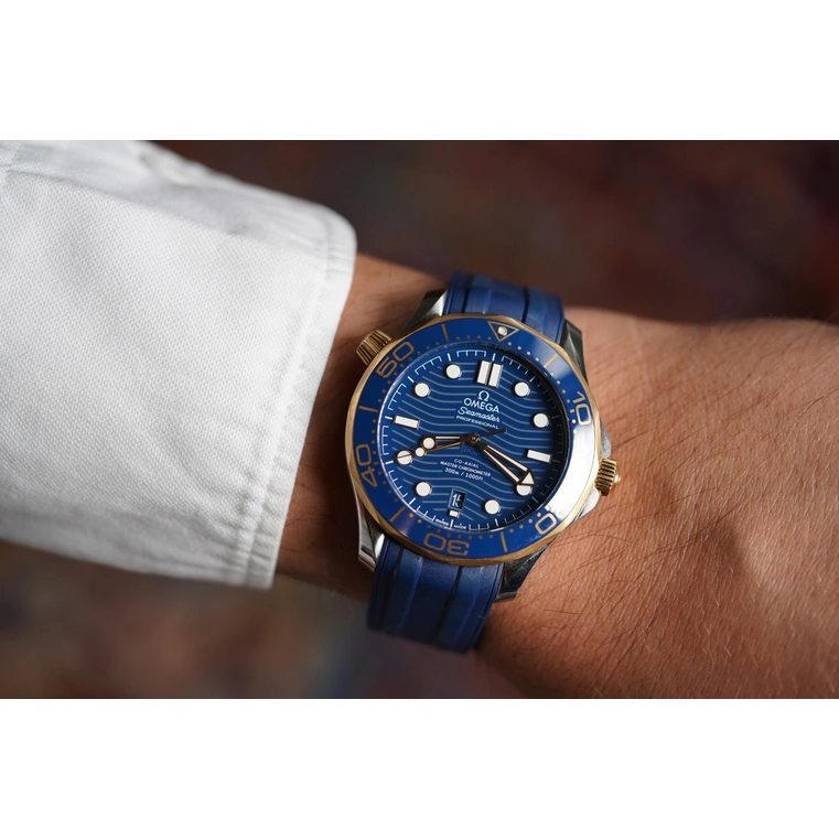 Omega Watch For Men - Seamaster Diver 300M, Steel-Yellow Gold on Blue Rubber Strap - Ref. 210.22.42.20.03.001