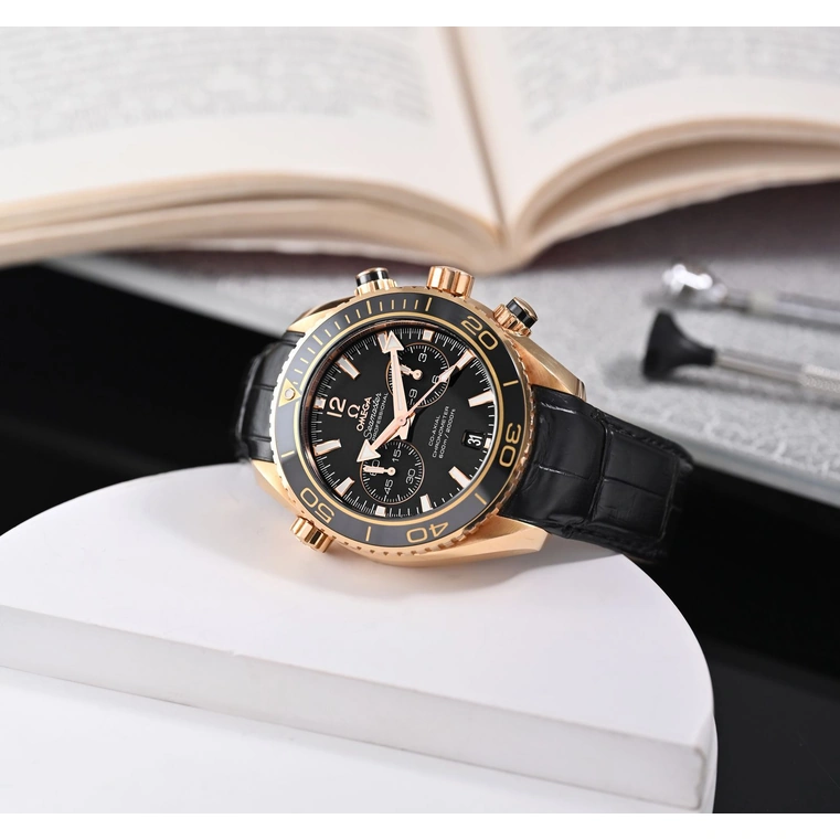 Omega Watch For Men - Seamaster Planet Ocean 600M Chronograph, 45.5 mm, 18K Gold, Black Dial - Ref. 232.63.46.51.01.001