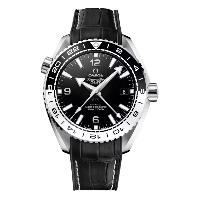 Omega Watch For Men - Seamaster Planet Ocean 600M GMT, 43.5 mm, Steel on Leather Strap, Black Dial - Ref. 215.33.44.22.01.001