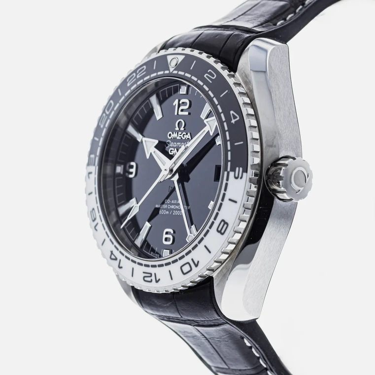 Omega Watch For Men - Seamaster Planet Ocean 600M GMT, 43.5 mm, Steel on Leather Strap, Black Dial - Ref. 215.33.44.22.01.001