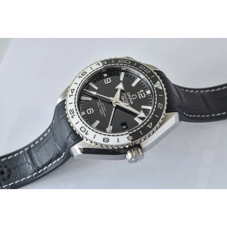 Omega Watch For Men - Seamaster Planet Ocean 600M GMT, 43.5 mm, Steel on Leather Strap, Black Dial - Ref. 215.33.44.22.01.001
