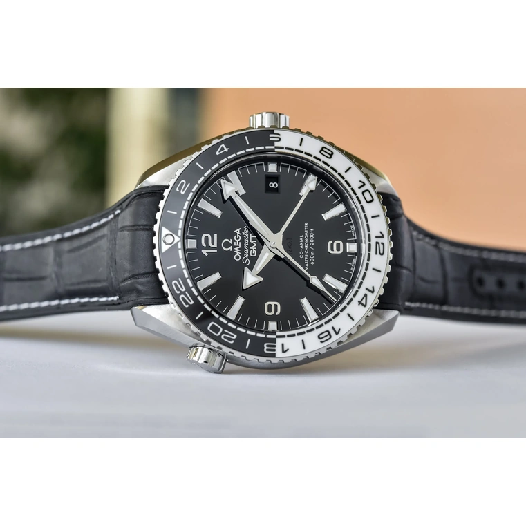 Omega Watch For Men - Seamaster Planet Ocean 600M GMT, 43.5 mm, Steel on Leather Strap, Black Dial - Ref. 215.33.44.22.01.001