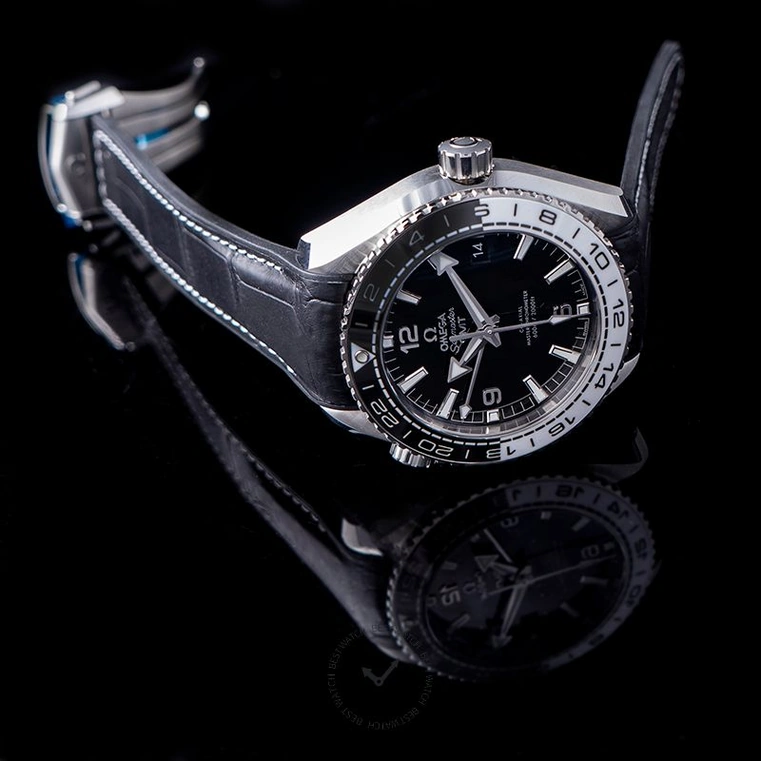 Omega Watch For Men - Seamaster Planet Ocean 600M GMT, 43.5 mm, Steel on Leather Strap, Black Dial - Ref. 215.33.44.22.01.001