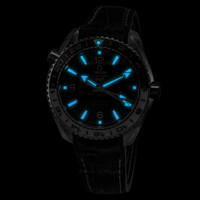 Omega Watch For Men - Seamaster Planet Ocean 600M GMT, 43.5 mm, Steel on Leather Strap, Black Dial - Ref. 215.33.44.22.01.001