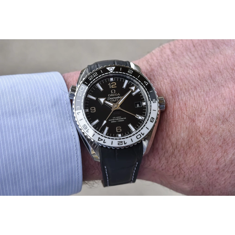 Omega Watch For Men - Seamaster Planet Ocean 600M GMT, 43.5 mm, Steel on Leather Strap, Black Dial - Ref. 215.33.44.22.01.001