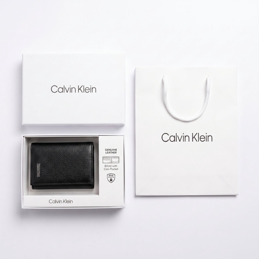 Calvin Klein Men's Wallet - Genuine Leather Silver Logo Wallet