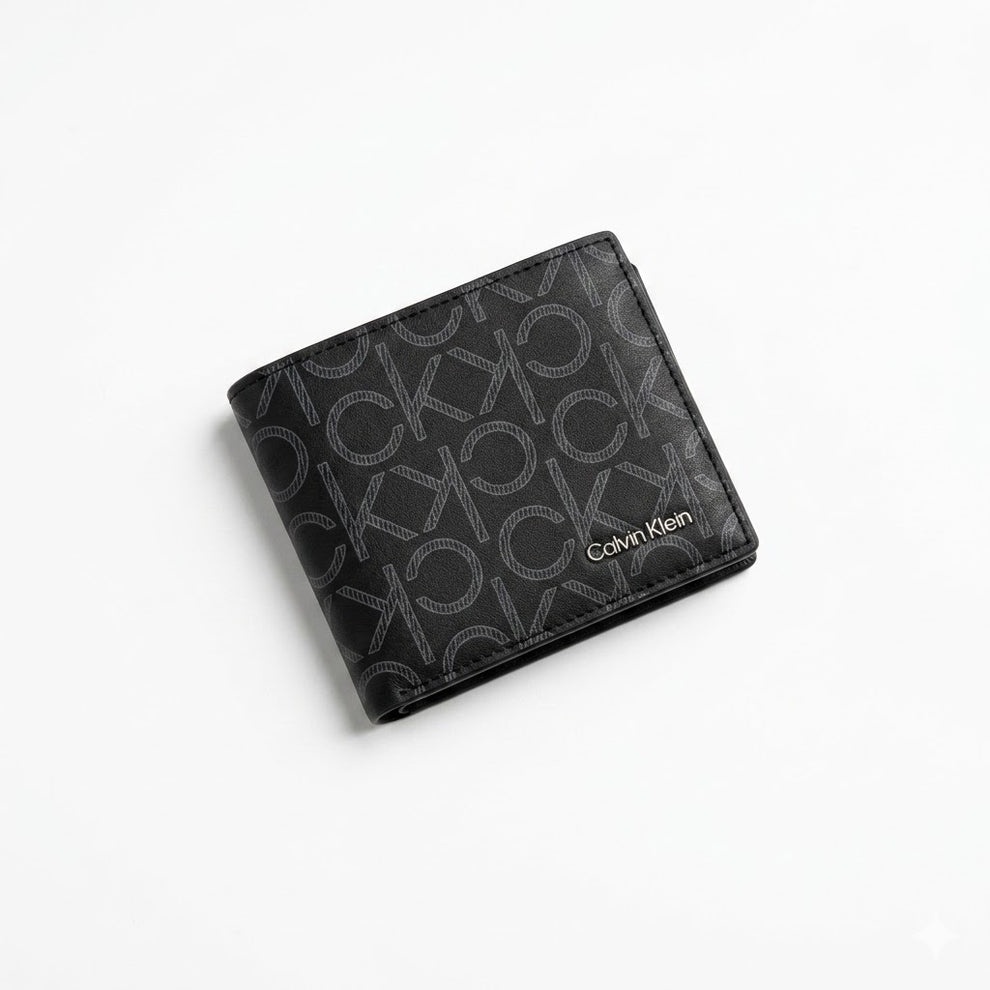 Calvin Klein Men's Wallet - Grey Monogram Teal Trim Leather Wallet