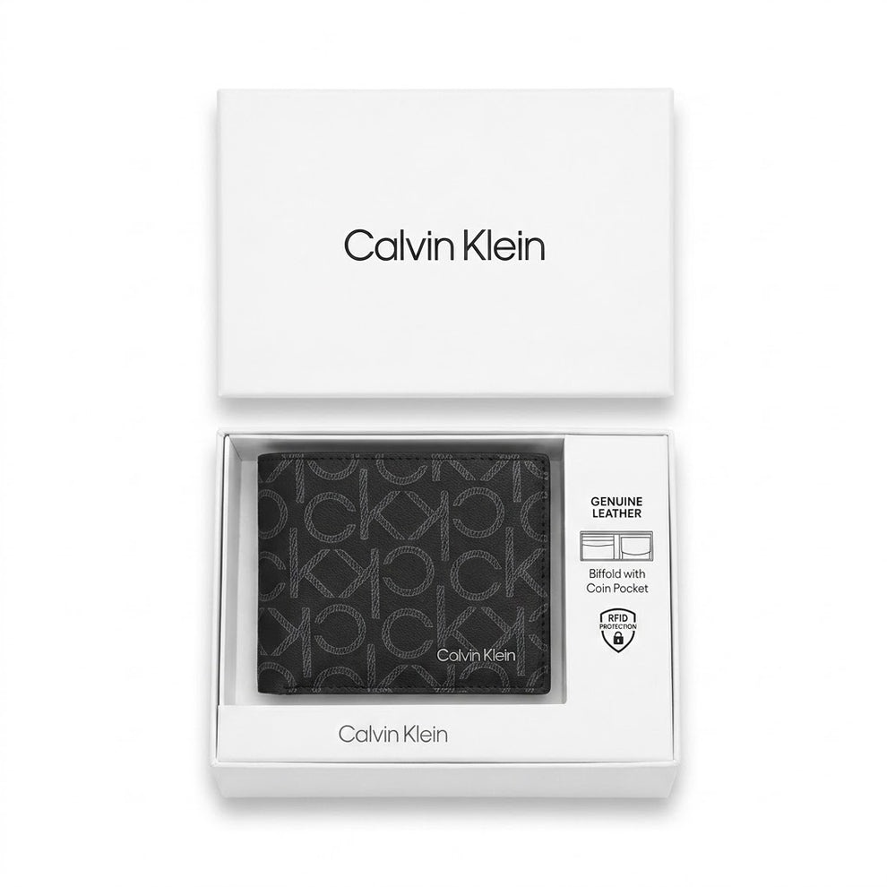 Calvin Klein Men's Wallet - Grey Monogram Teal Trim Leather Wallet