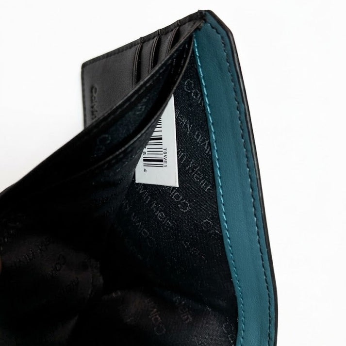 Calvin Klein Men's Wallet - Grey Monogram Teal Trim Leather Wallet
