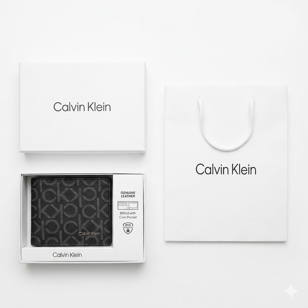 Calvin Klein Men's Wallet - Grey Monogram Teal Trim Leather Wallet
